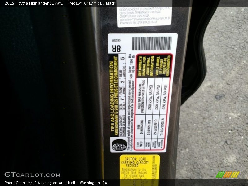Info Tag of 2019 Highlander SE AWD