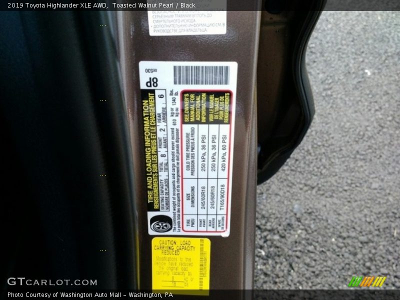 Info Tag of 2019 Highlander XLE AWD
