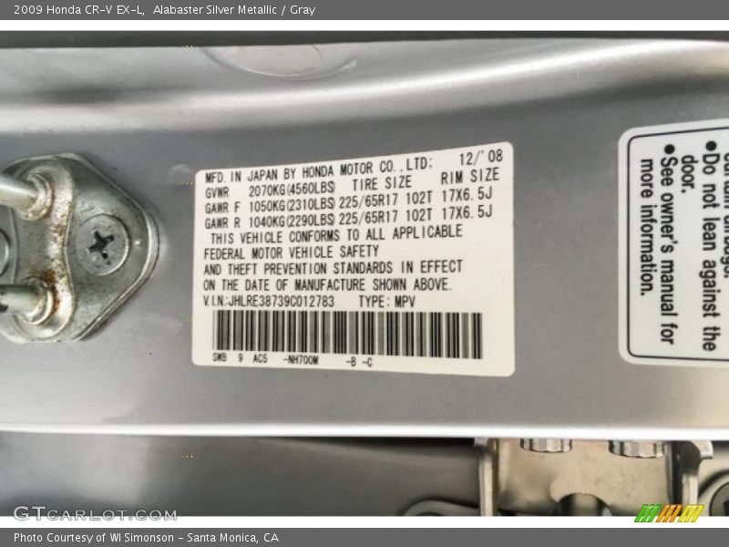 Alabaster Silver Metallic / Gray 2009 Honda CR-V EX-L