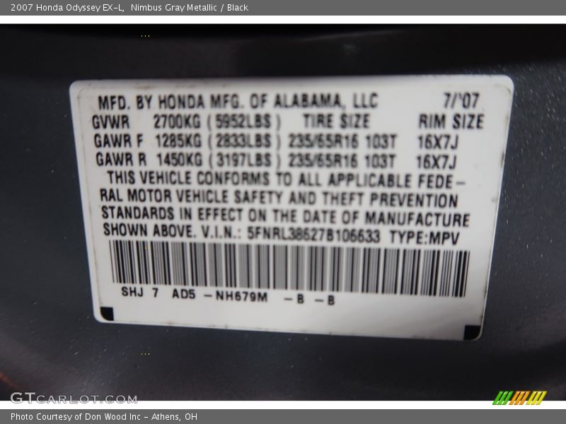 Nimbus Gray Metallic / Black 2007 Honda Odyssey EX-L