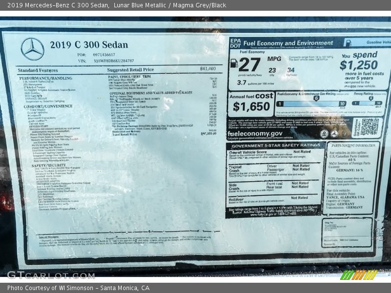  2019 C 300 Sedan Window Sticker