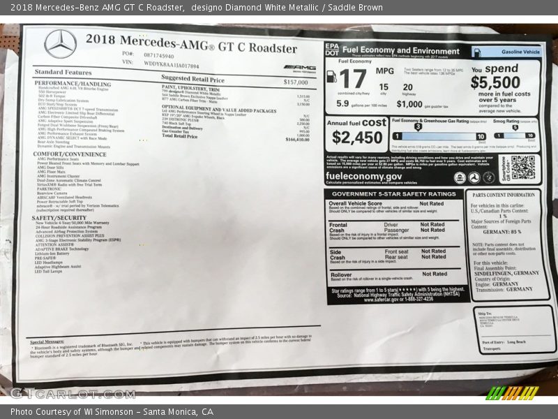  2018 AMG GT C Roadster Window Sticker