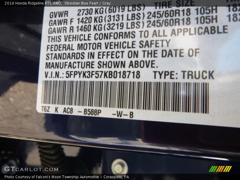 Obsidian Blue Pearl / Gray 2019 Honda Ridgeline RTL AWD