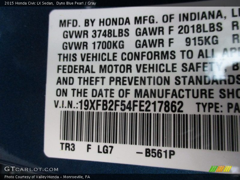Dyno Blue Pearl / Gray 2015 Honda Civic LX Sedan