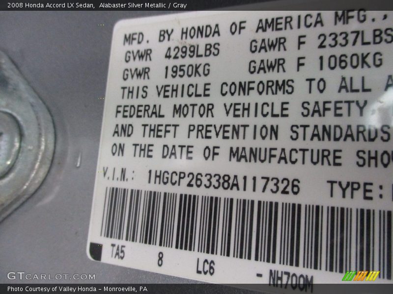 Alabaster Silver Metallic / Gray 2008 Honda Accord LX Sedan
