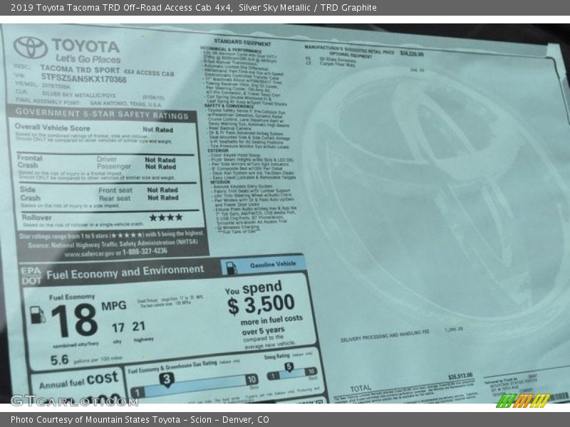  2019 Tacoma TRD Off-Road Access Cab 4x4 Window Sticker