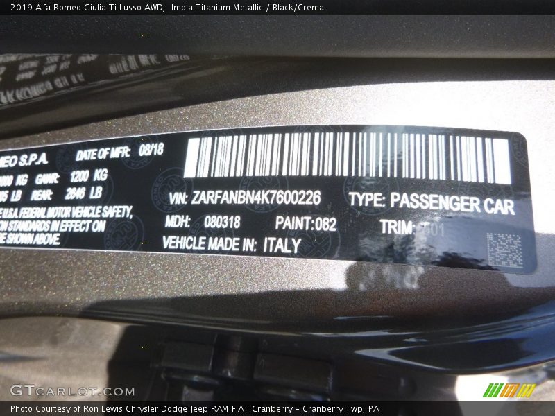 2019 Giulia Ti Lusso AWD Imola Titanium Metallic Color Code 082