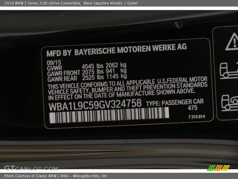 Black Sapphire Metallic / Oyster 2016 BMW 2 Series 228i xDrive Convertible