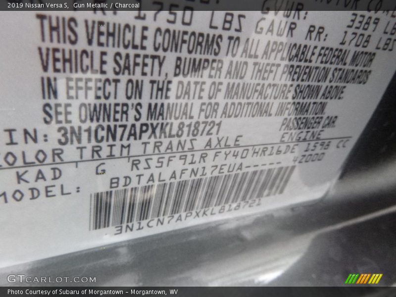 2019 Versa S Gun Metallic Color Code KAD