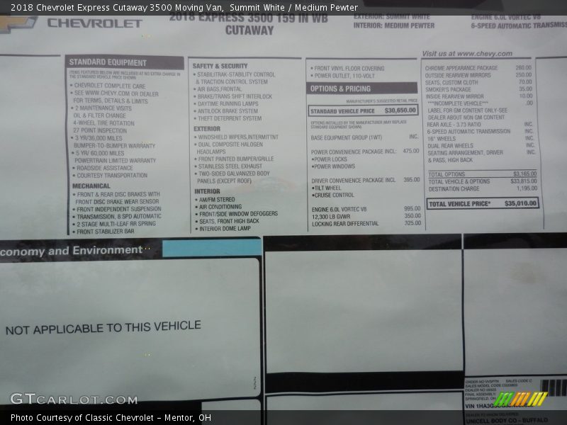  2018 Express Cutaway 3500 Moving Van Window Sticker