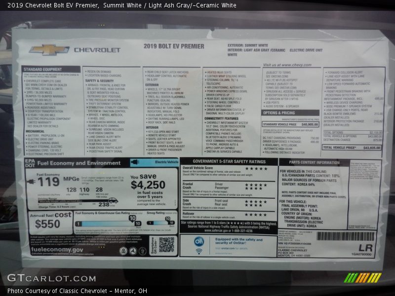  2019 Bolt EV Premier Window Sticker