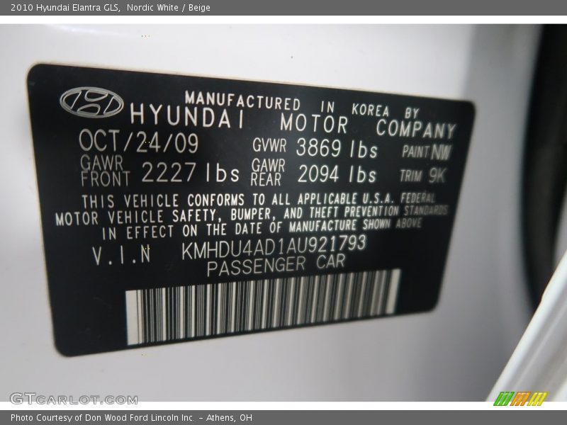 Nordic White / Beige 2010 Hyundai Elantra GLS