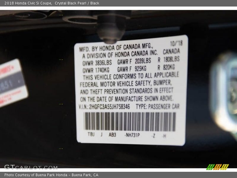 Crystal Black Pearl / Black 2018 Honda Civic Si Coupe