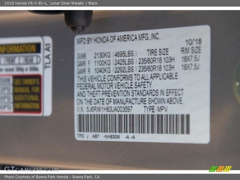 2018 CR-V EX-L Lunar Silver Metallic Color Code NH830M