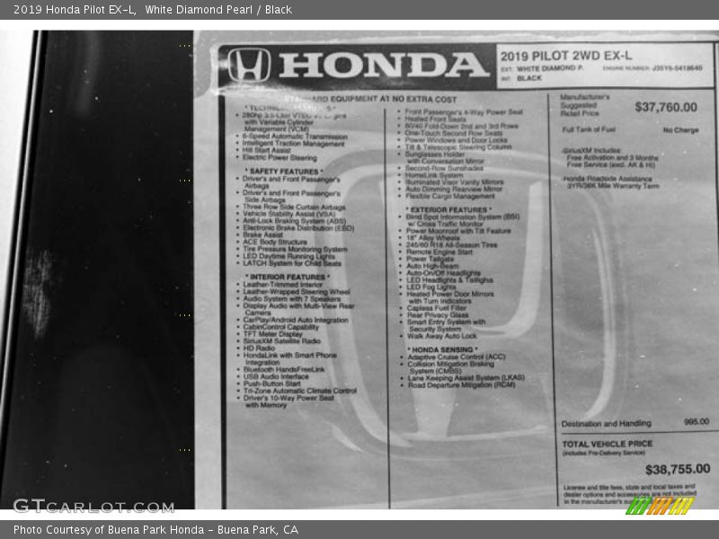 White Diamond Pearl / Black 2019 Honda Pilot EX-L