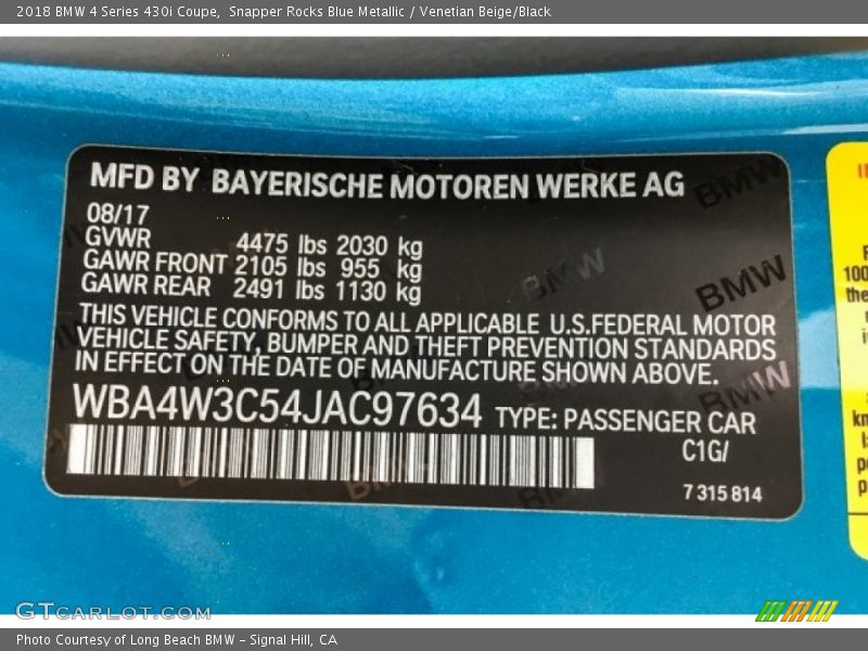 Snapper Rocks Blue Metallic / Venetian Beige/Black 2018 BMW 4 Series 430i Coupe