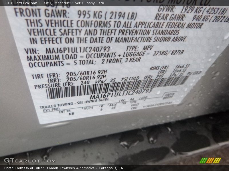 Moondust Silver / Ebony Black 2018 Ford EcoSport SE 4WD