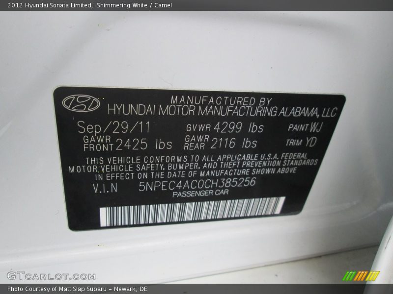 Shimmering White / Camel 2012 Hyundai Sonata Limited