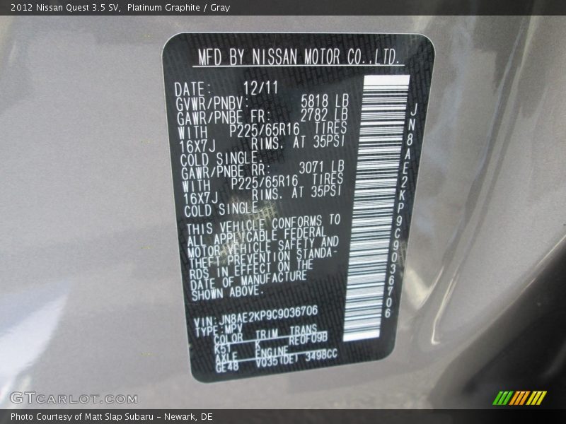 Platinum Graphite / Gray 2012 Nissan Quest 3.5 SV