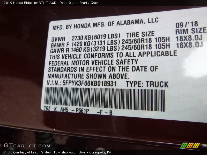 Deep Scarlet Pearl / Gray 2019 Honda Ridgeline RTL-T AWD