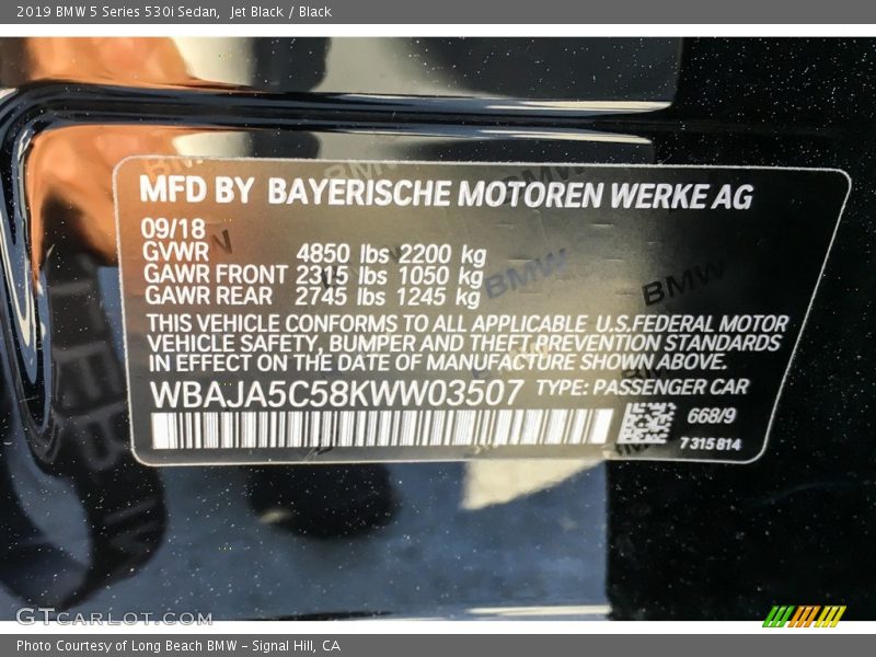 2019 5 Series 530i Sedan Jet Black Color Code 668