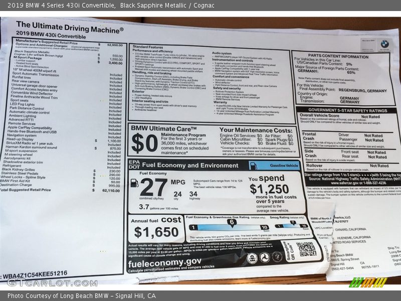 Black Sapphire Metallic / Cognac 2019 BMW 4 Series 430i Convertible