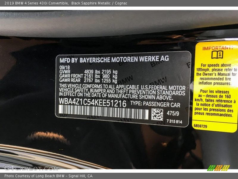 Black Sapphire Metallic / Cognac 2019 BMW 4 Series 430i Convertible
