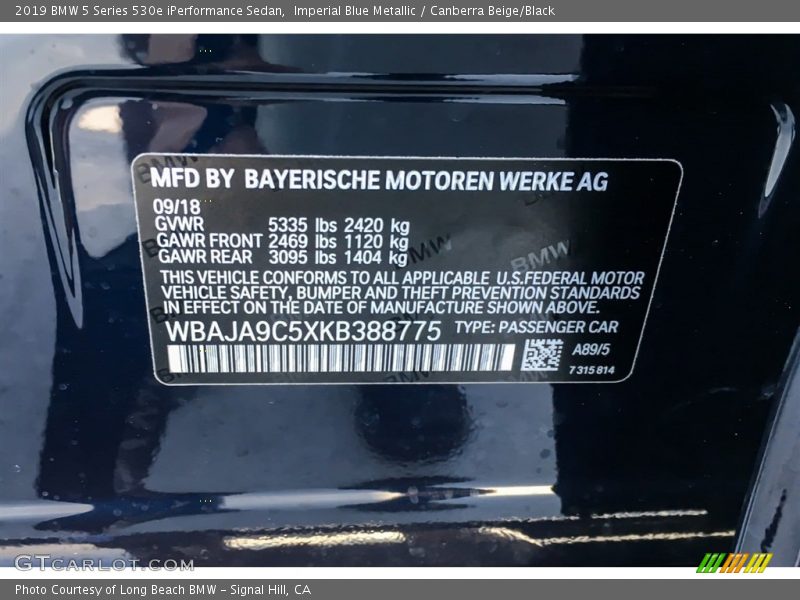 Imperial Blue Metallic / Canberra Beige/Black 2019 BMW 5 Series 530e iPerformance Sedan