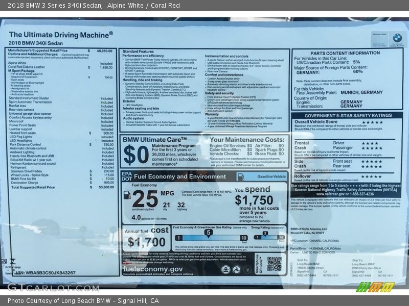 Alpine White / Coral Red 2018 BMW 3 Series 340i Sedan