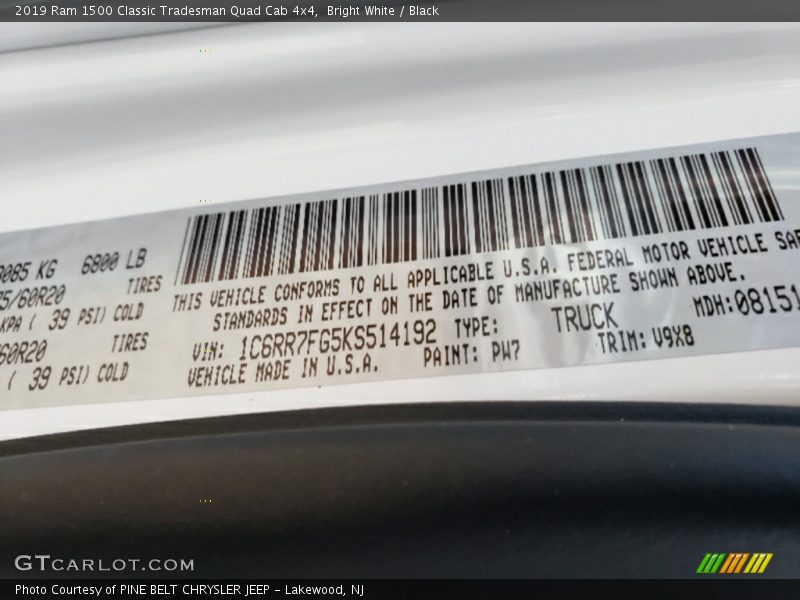 2019 1500 Classic Tradesman Quad Cab 4x4 Bright White Color Code PW7