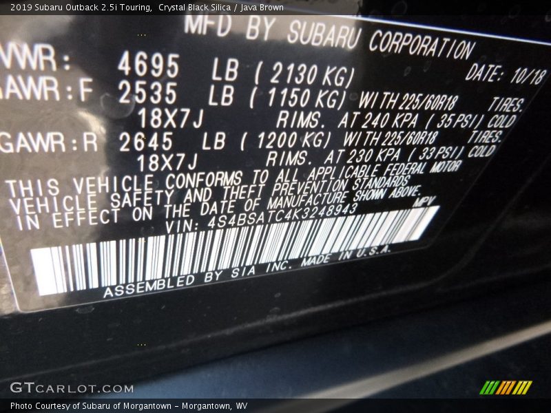 Crystal Black Silica / Java Brown 2019 Subaru Outback 2.5i Touring