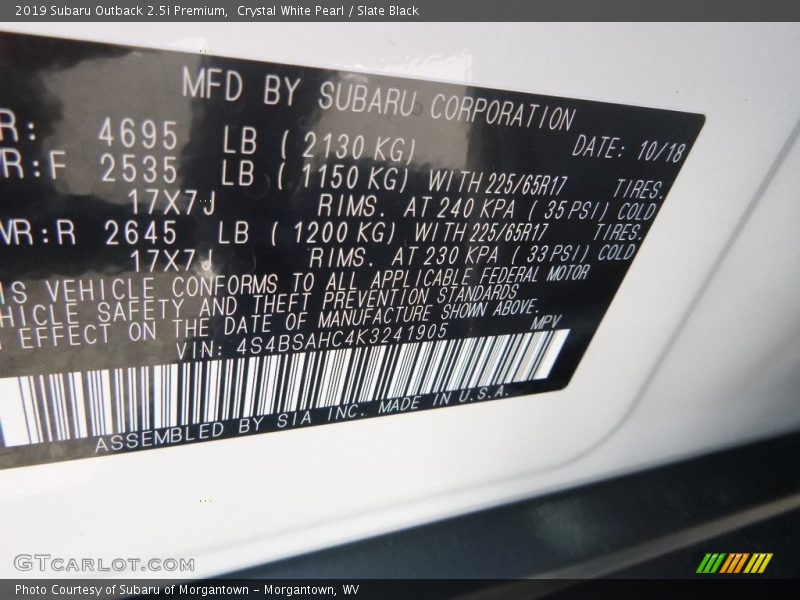 Crystal White Pearl / Slate Black 2019 Subaru Outback 2.5i Premium