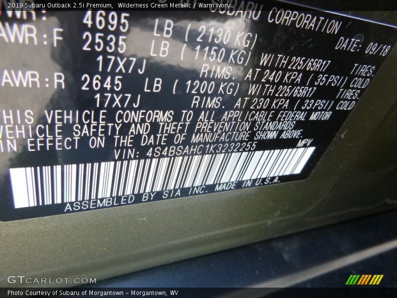 Wilderness Green Metallic / Warm Ivory 2019 Subaru Outback 2.5i Premium