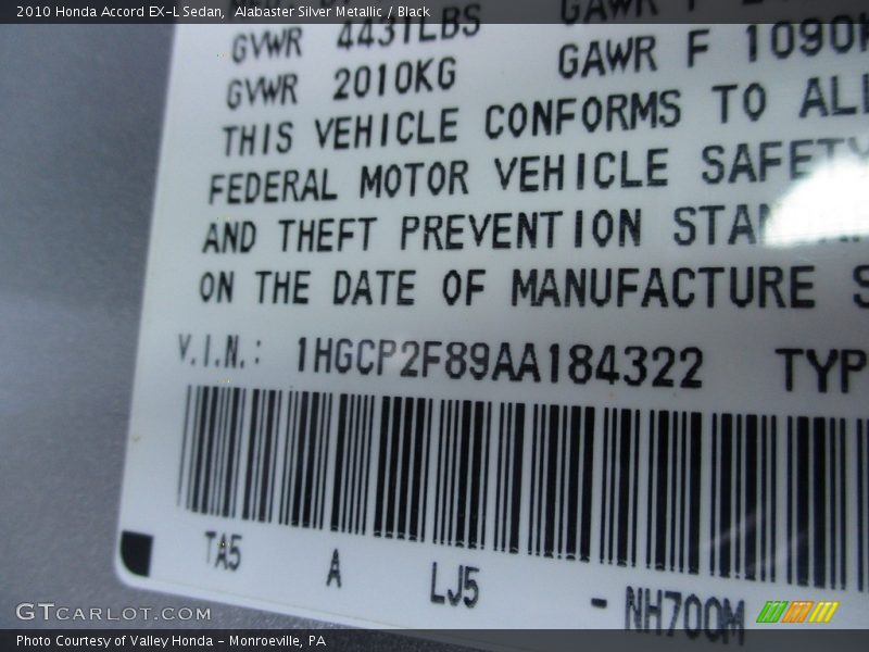 Alabaster Silver Metallic / Black 2010 Honda Accord EX-L Sedan