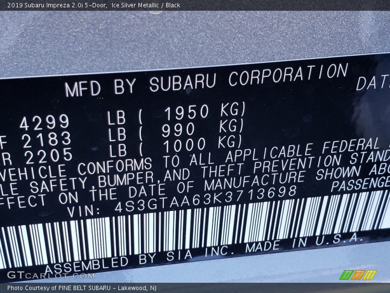 Ice Silver Metallic / Black 2019 Subaru Impreza 2.0i 5-Door