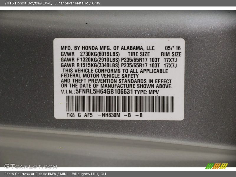 Lunar Silver Metallic / Gray 2016 Honda Odyssey EX-L
