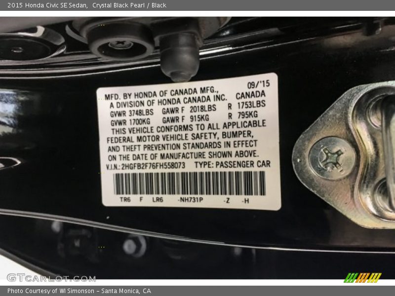 Crystal Black Pearl / Black 2015 Honda Civic SE Sedan