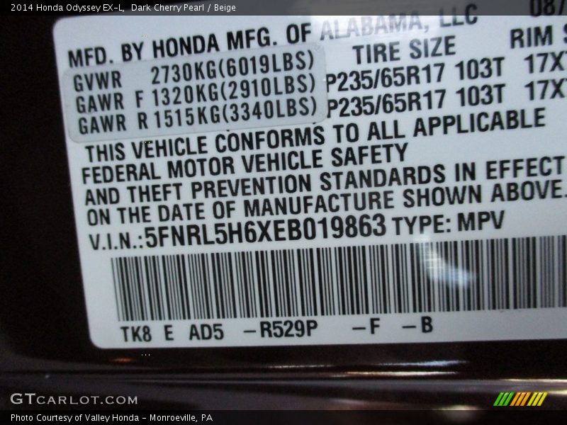 Dark Cherry Pearl / Beige 2014 Honda Odyssey EX-L