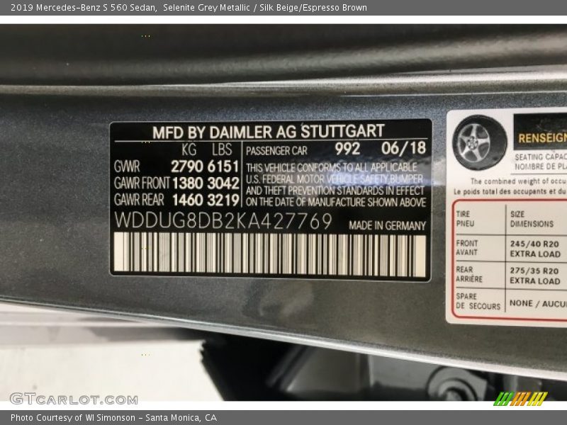 2019 S 560 Sedan Selenite Grey Metallic Color Code 992
