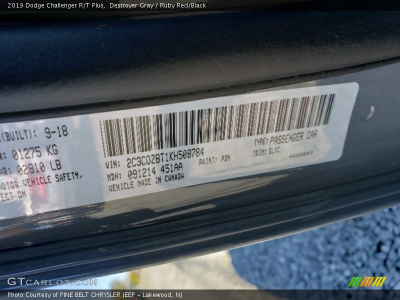 Destroyer Gray / Ruby Red/Black 2019 Dodge Challenger R/T Plus