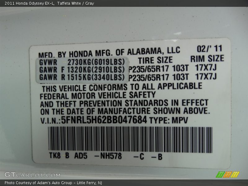 Taffeta White / Gray 2011 Honda Odyssey EX-L