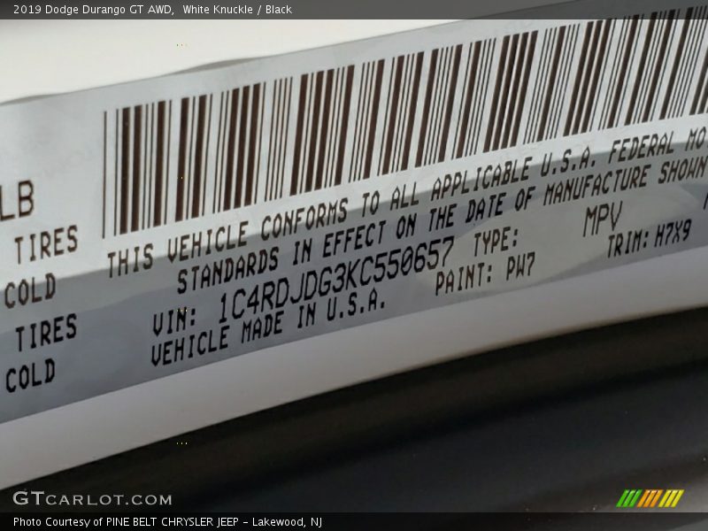 2019 Durango GT AWD White Knuckle Color Code PW7