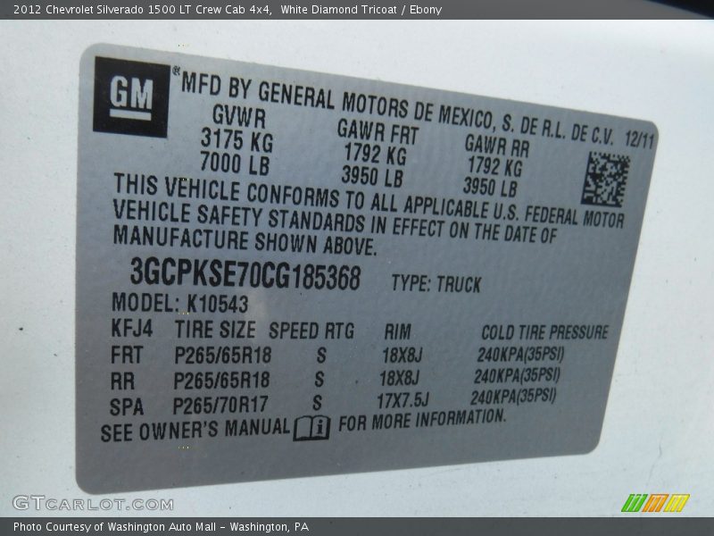 White Diamond Tricoat / Ebony 2012 Chevrolet Silverado 1500 LT Crew Cab 4x4