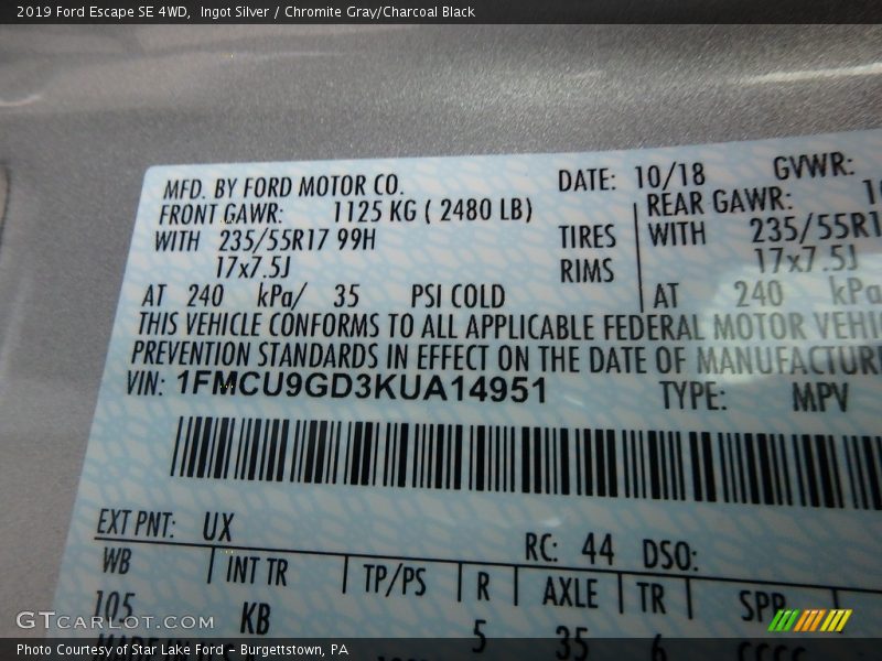 Ingot Silver / Chromite Gray/Charcoal Black 2019 Ford Escape SE 4WD