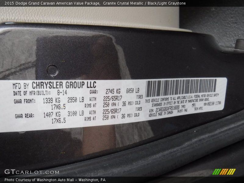 Granite Crystal Metallic / Black/Light Graystone 2015 Dodge Grand Caravan American Value Package