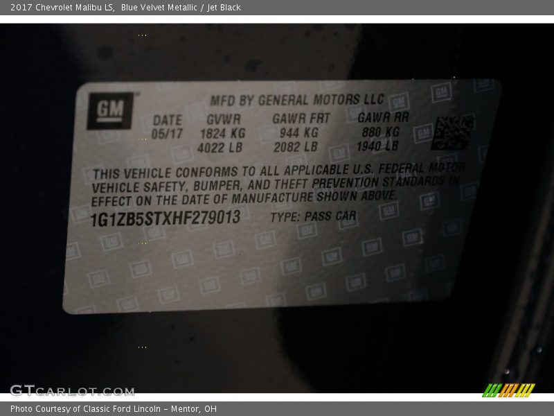 Blue Velvet Metallic / Jet Black 2017 Chevrolet Malibu LS