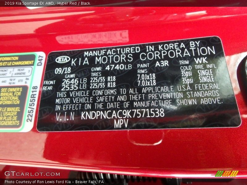 Hyper Red / Black 2019 Kia Sportage EX AWD