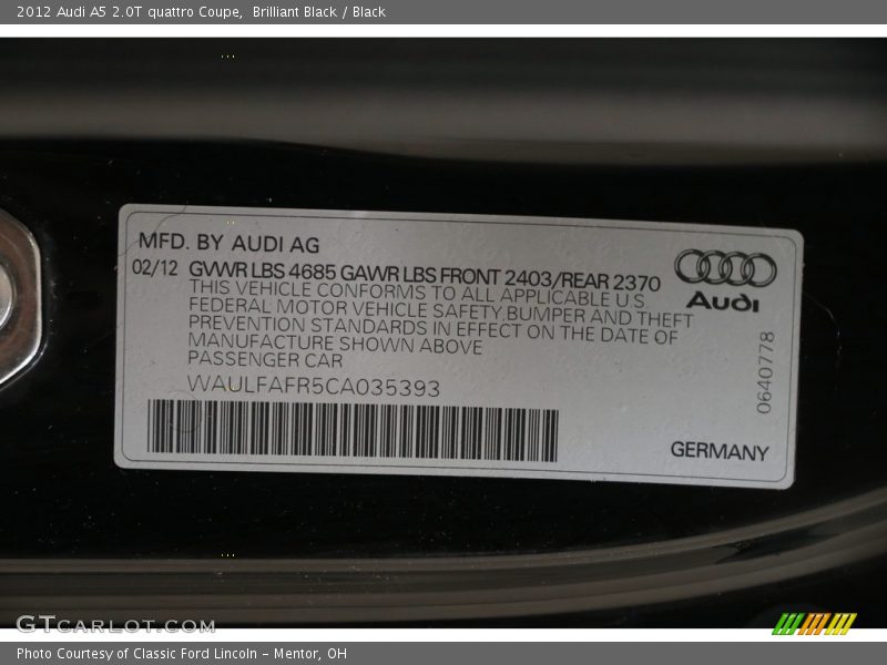 Brilliant Black / Black 2012 Audi A5 2.0T quattro Coupe