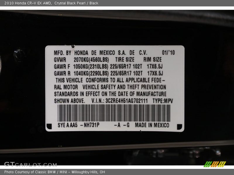 Crystal Black Pearl / Black 2010 Honda CR-V EX AWD