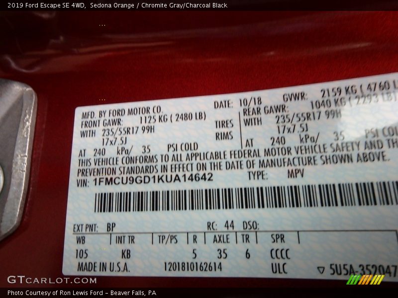 2019 Escape SE 4WD Sedona Orange Color Code BP